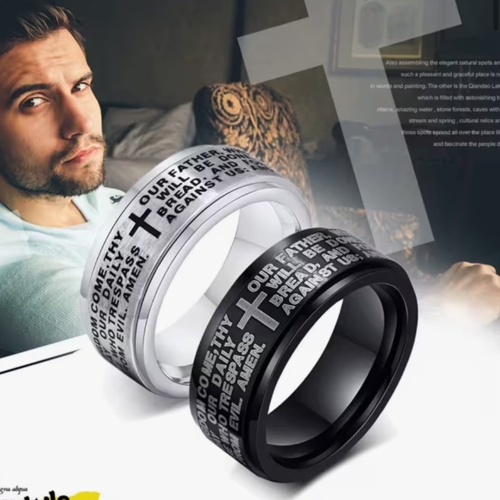 NWT 🤩 Silver and Black Prayer Rings Stainless Steel size 12 set of TWO rings! - Picture 5 of 8